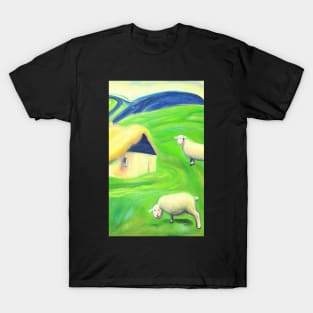 Colourful oil painting of a farm with sheep T-Shirt